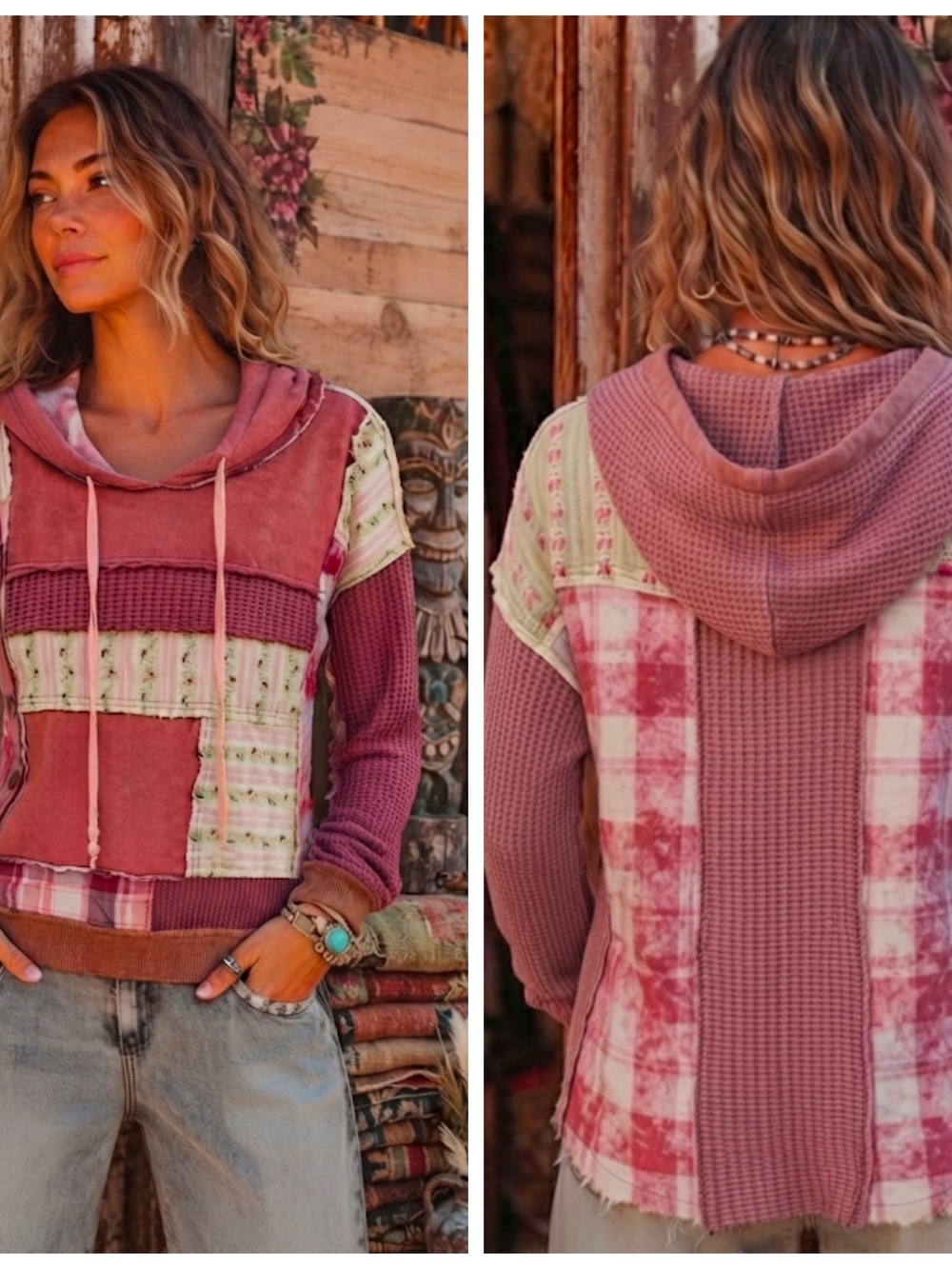 Boho Patchwork Hooded Pullover - Pink